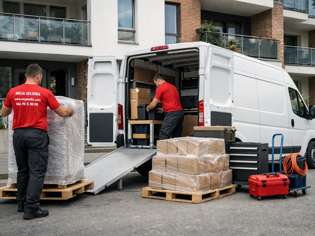 Kombi za prevoz ispred zgrade u Dortmundu, radnici utovaruju umotani nameštaj i kutije.