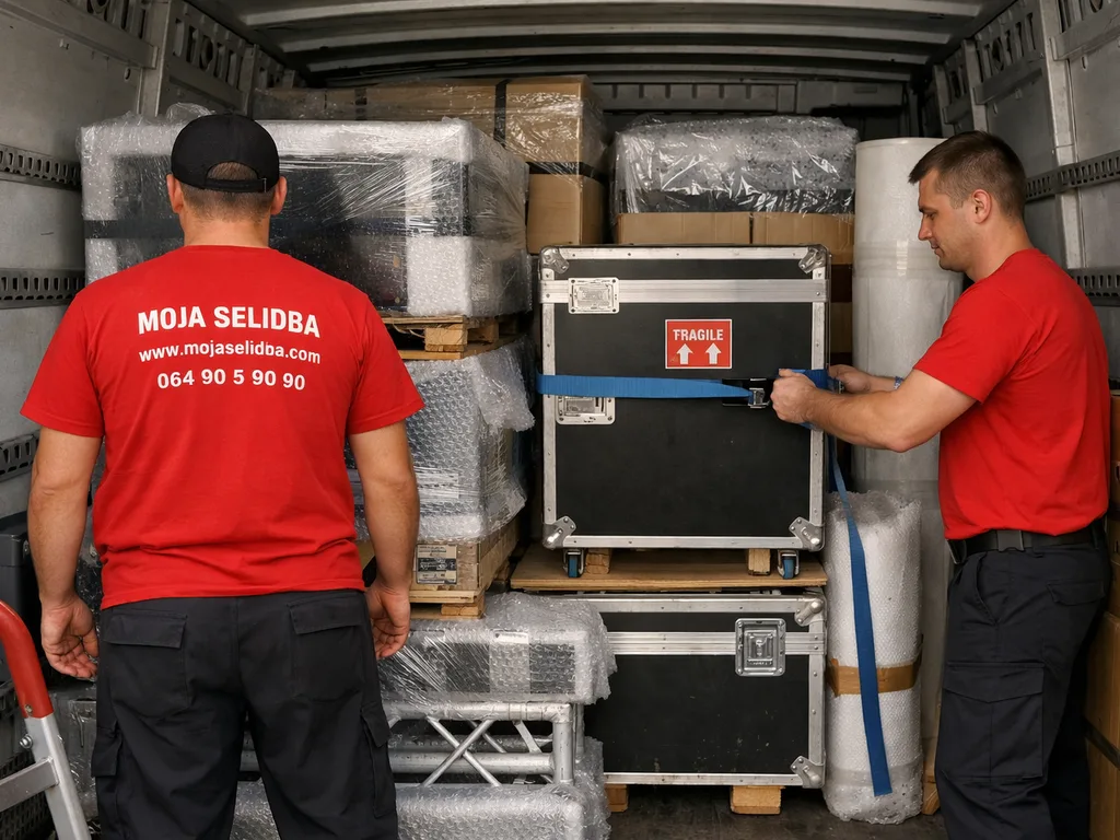Unutrašnjost kombija sa upakovanim i zaštićenim elektronskim uređajima