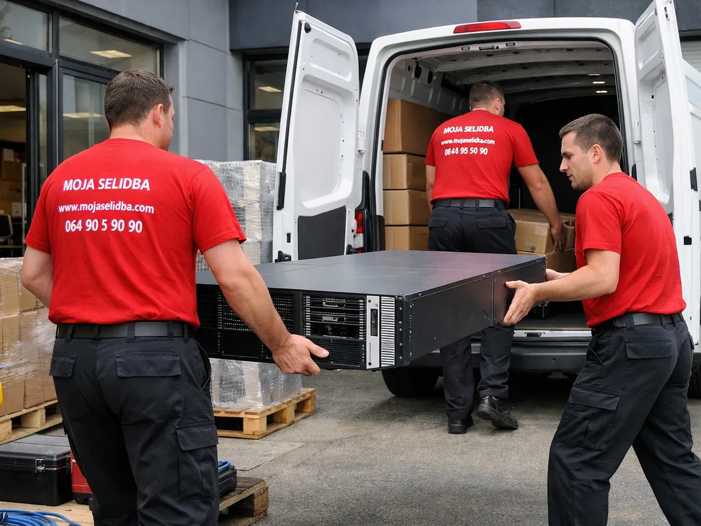 Radnici prenose elektronsku opremu iz poslovnog prostora u kombi.