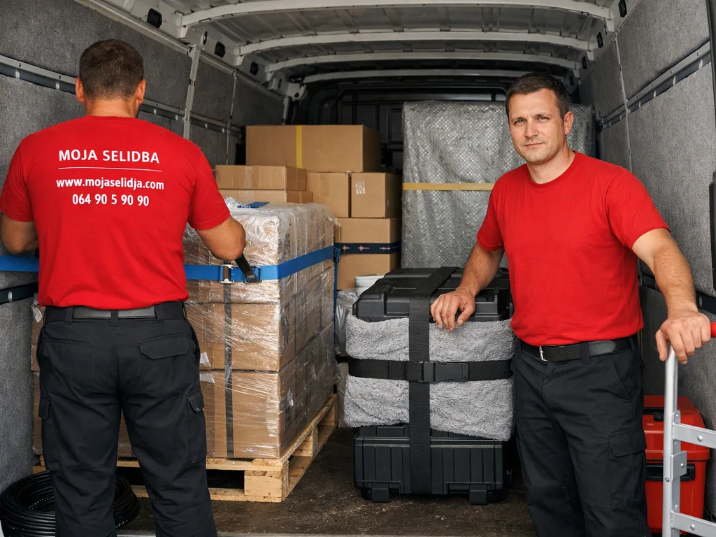 Unutrašnjost kombija sa uredno složenom i zaštićenom robom.