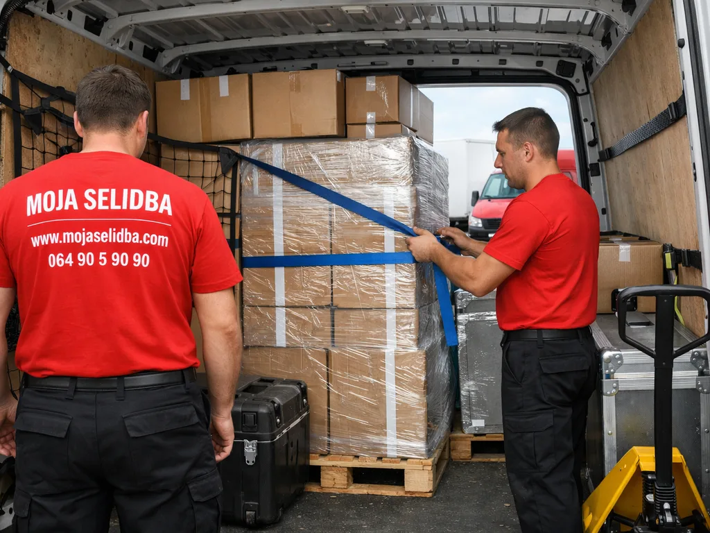 Unutrašnjost kombija sa uredno složenim i obezbeđenim paketima i kutijama