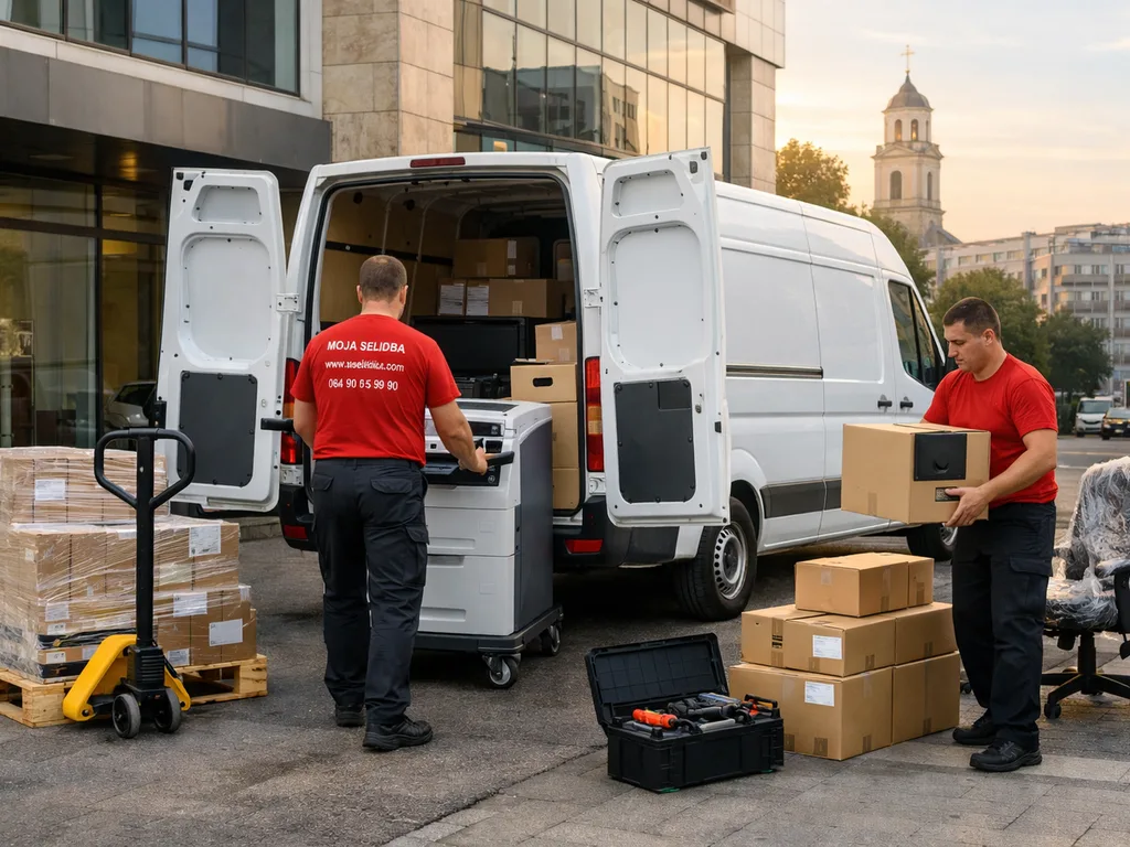 Utovar kutija i opreme u kombi vozilo ispred poslovne zgrade u Beogradu