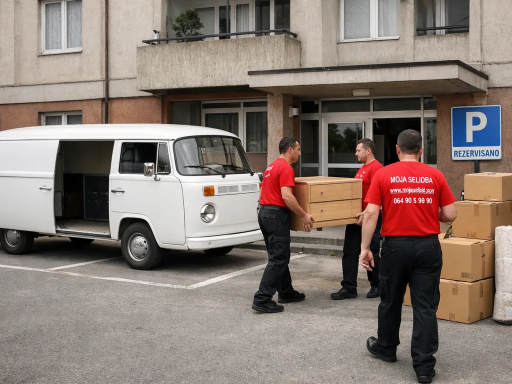 Kombi za selidbu parkiran ispred zgrade u Požarevcu, radnici nose nameštaj i kutije, rezervisan parking za utovar