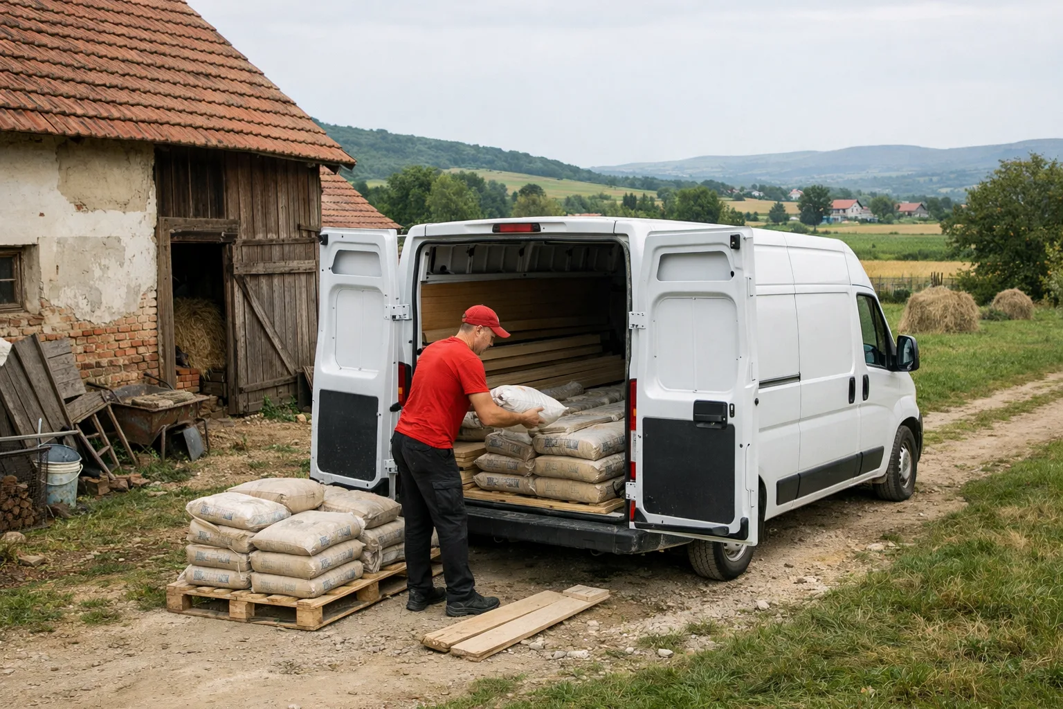 Radnik u crvenoj majici utovara građevinski materijal u kombi na seoskom putu u Srbiji.