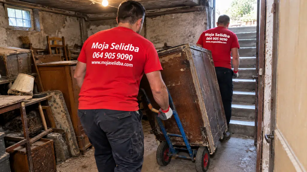Radnici Moja Selidba iznose stari ormar iz podruma pomoću transportnih kolica