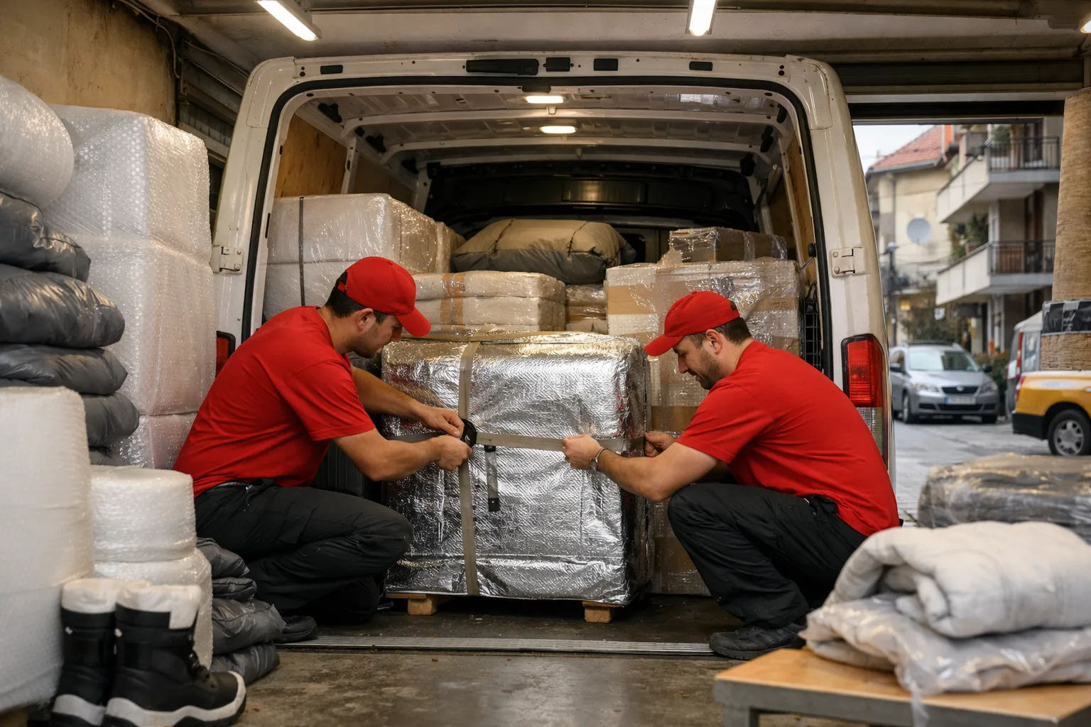 Radnici pakuju robu u kombi unutar skladišta tokom zime