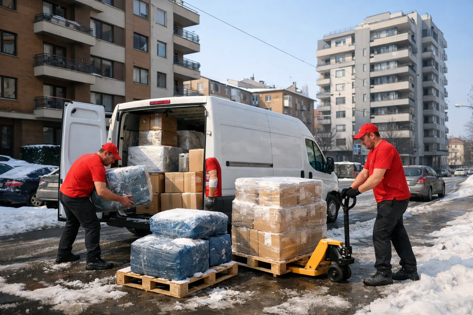 Istovar zaštićene robe ispred zgrade u zimskim uslovima