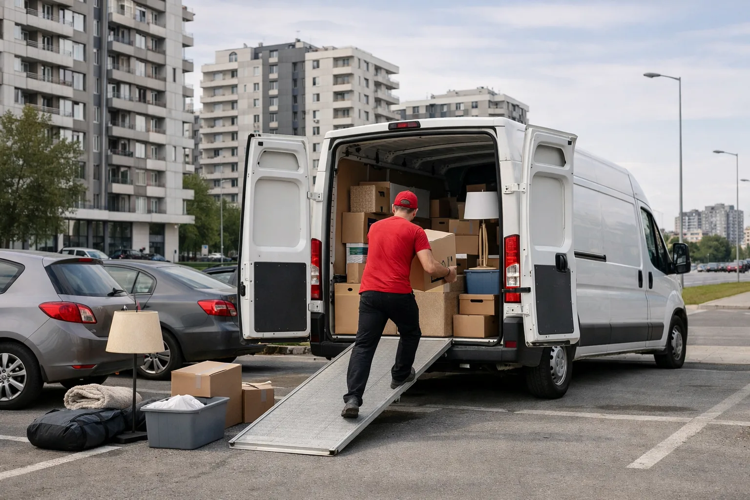 Osoba u crvenoj majici i crnim pantalonama utovara stvari u kombi na parkingu u Novom Beogradu.