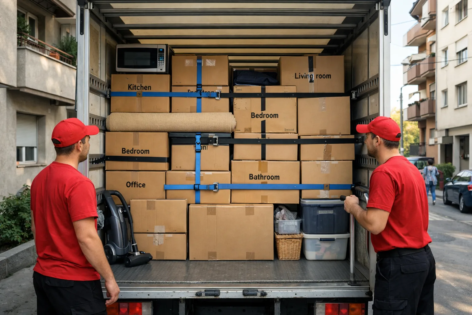 Pažljivo složene kutije i nameštaj unutar kamiona spremnog za transport