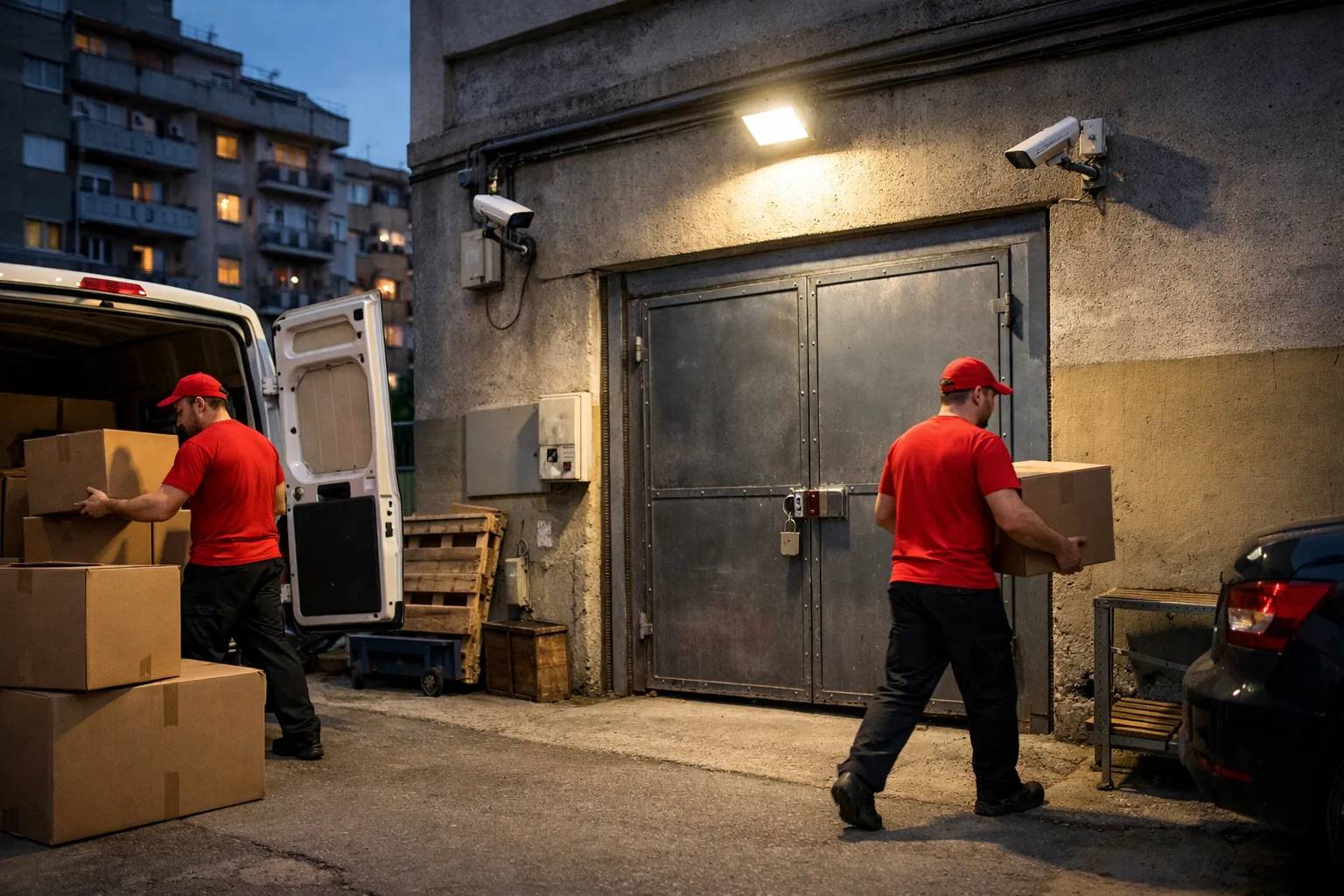 Sigurnosni ulaz skladišta u Beogradu sa kamerama i osvetljenjem
