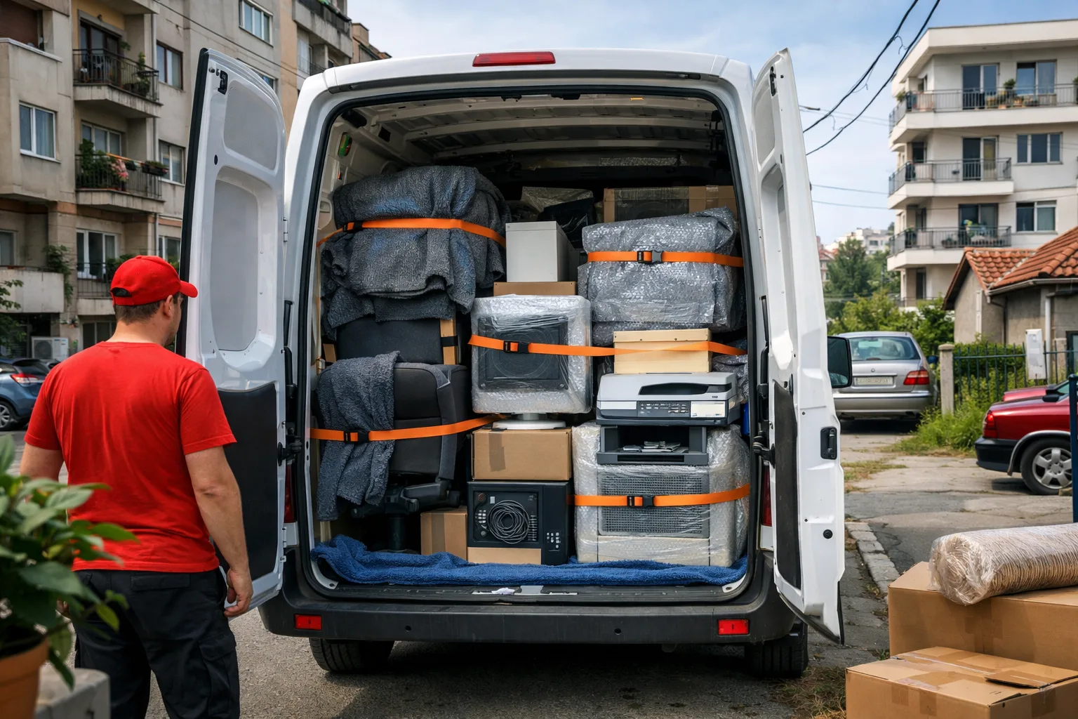 Kombi sa pažljivo osiguranim kancelarijskim nameštajem i opremom spreman za transport