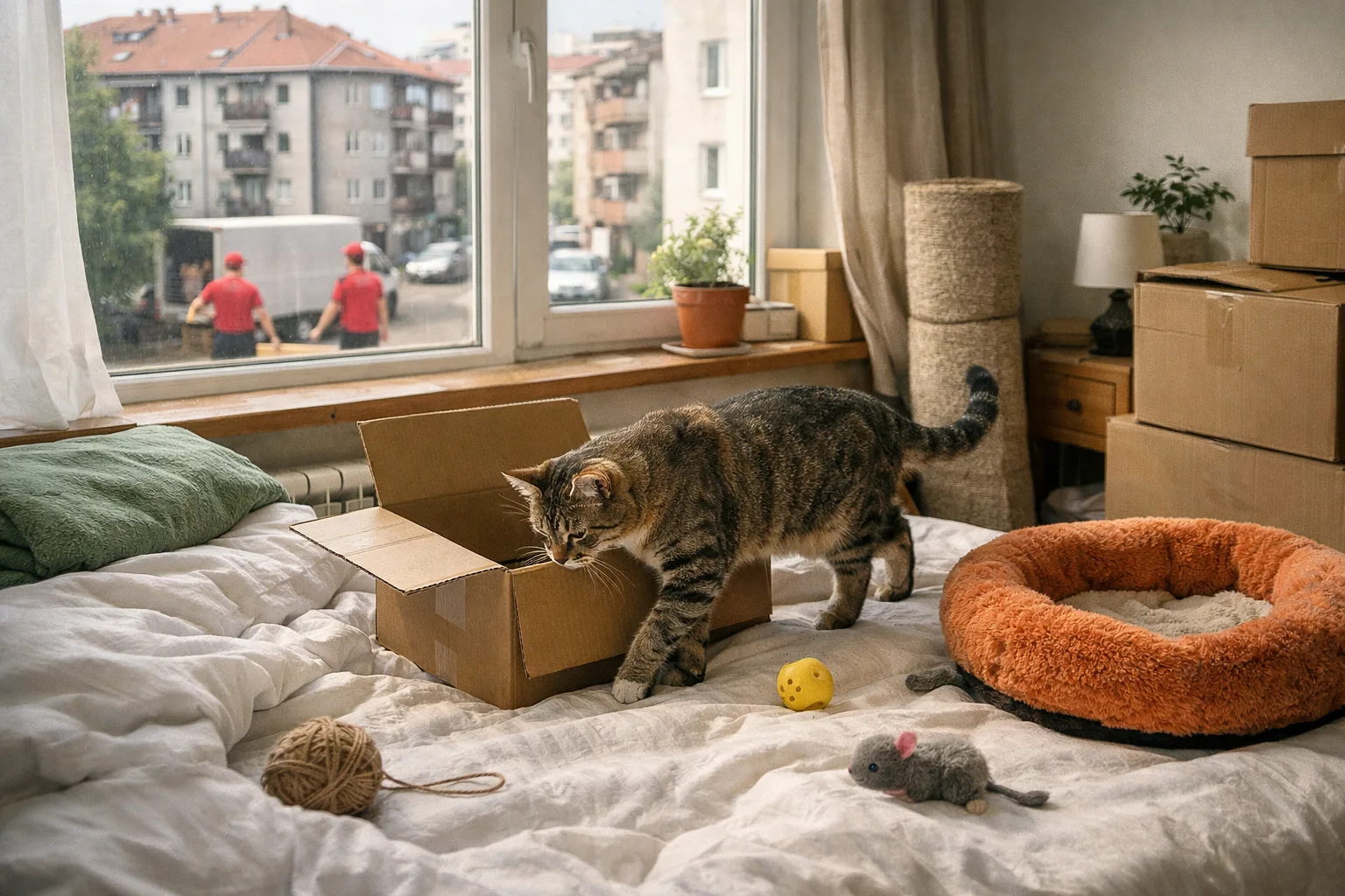 Mačka istražuje novu sobu sa omiljenim stvarima