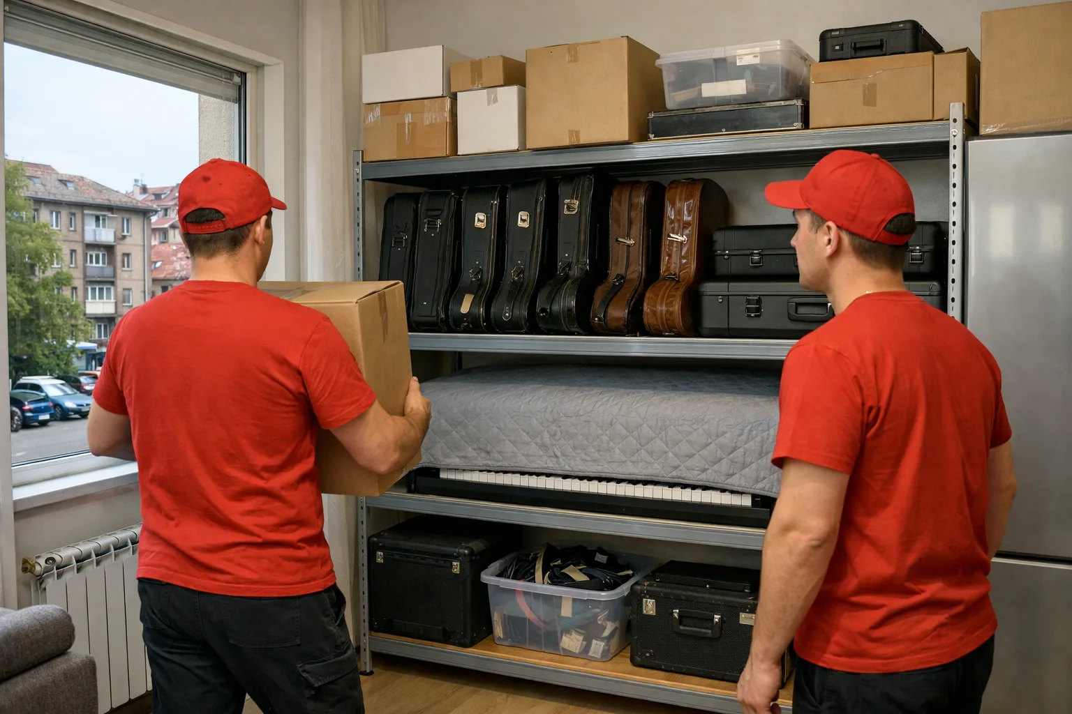 Organizovano skladište muzičkih instrumenata sa etiketiranim futrolama i pokrivačima