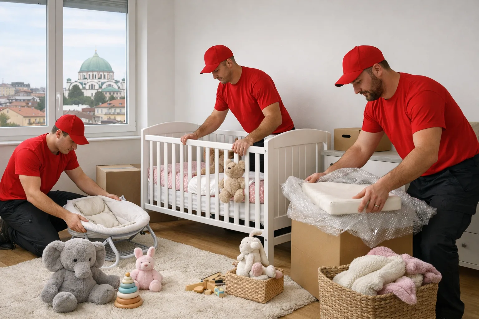 Selidbena ekipa aranžira bebin nameštaj u novom stanu u Beogradu.