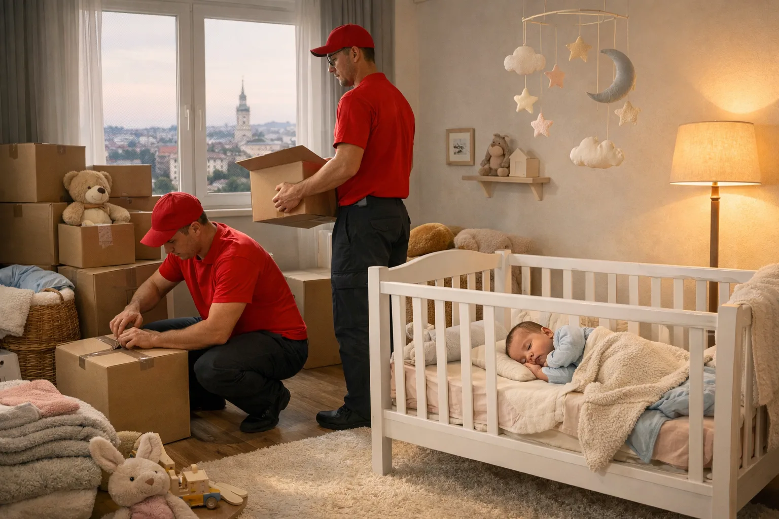 Mirna soba za bebu u novom beogradskom stanu, beba spava u krevetiću.