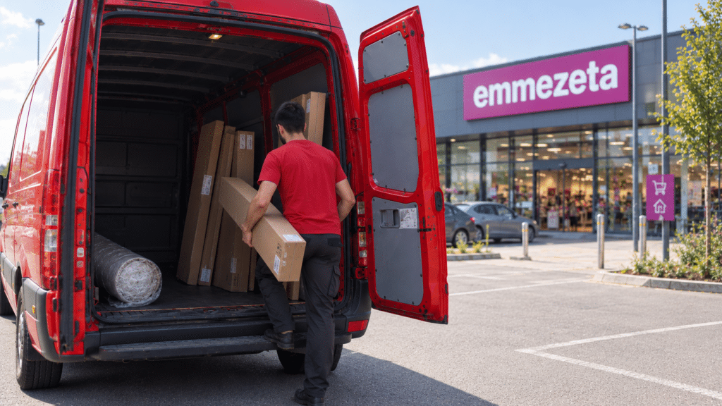 Emmezeta dostava – radnik utovara upakovani nameštaj u kombi agencije Moja Selidba ispred prodajnog objekta Emmezeta